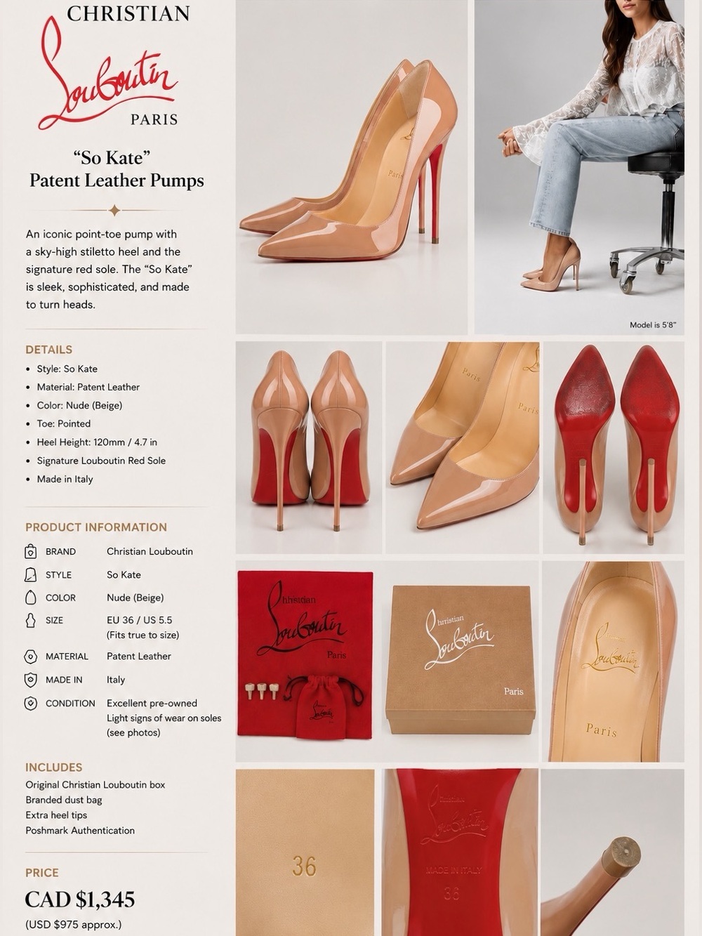 #S31 Christian Louboutin “So Kate” Patent Nude Pumps (Retail $1,345 CAD)